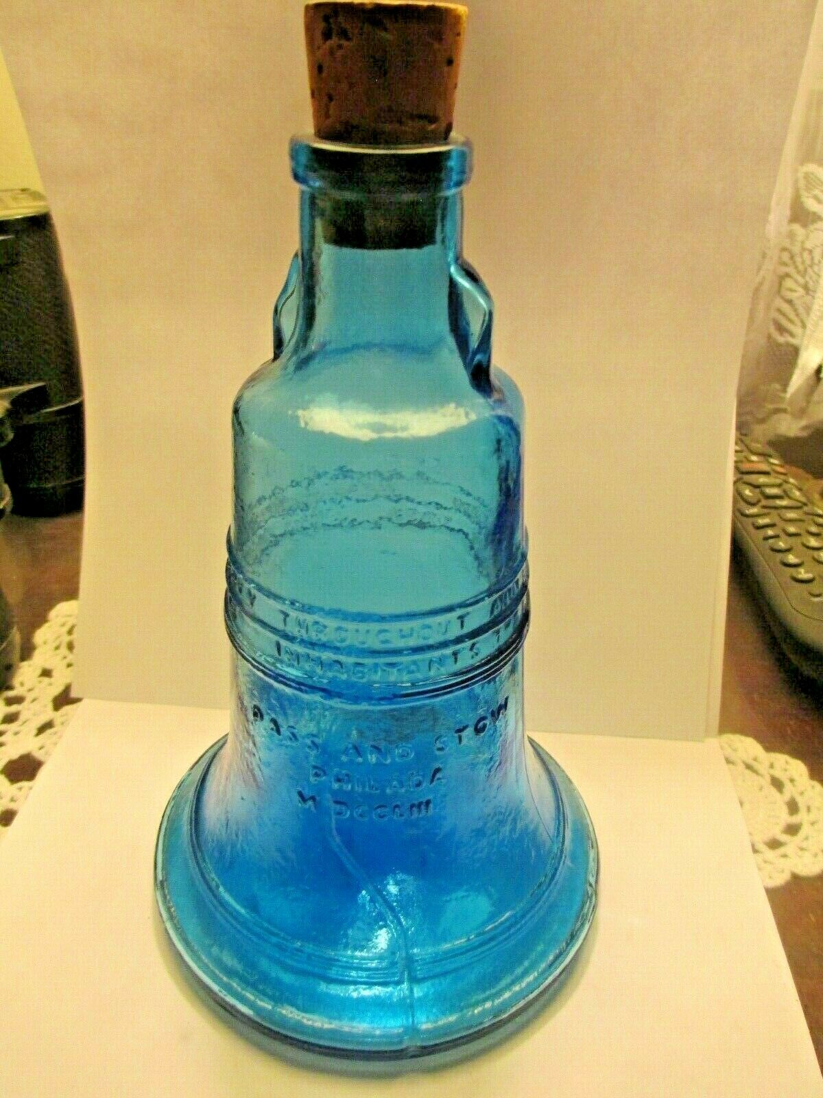 Wheaton Bottle Liberty Bell [ocean Blue] 7 1/2 Inch 1970's Bottle & Cork Vg Cond