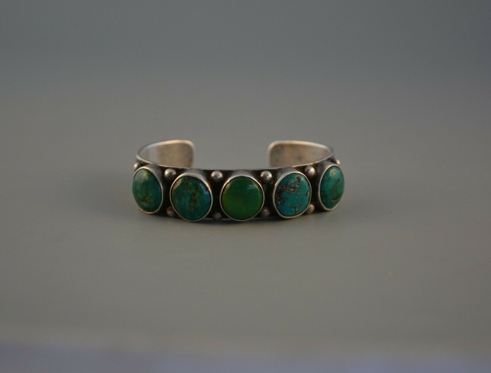 Old Early Navajo Heavy Ingot Silver Bracelet - 5 Turquoise Stones - 7 3/8" @