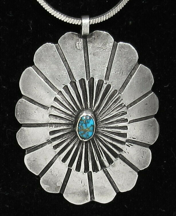 Large Old 1930s Navajo 925 Silver Spiderweb Cerrillos Turquoise Concho Pendant