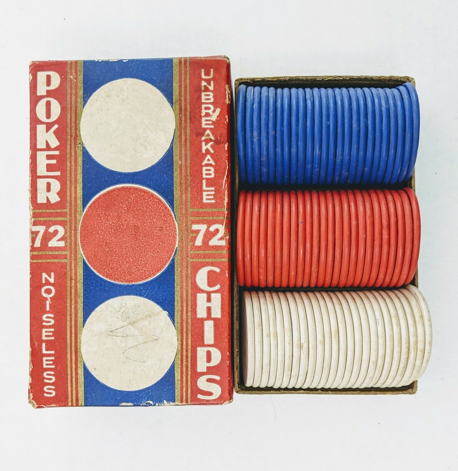 Vintage 1920-30s Red White Blue Assorted Unbreakable Noisless Poker Chips In Box