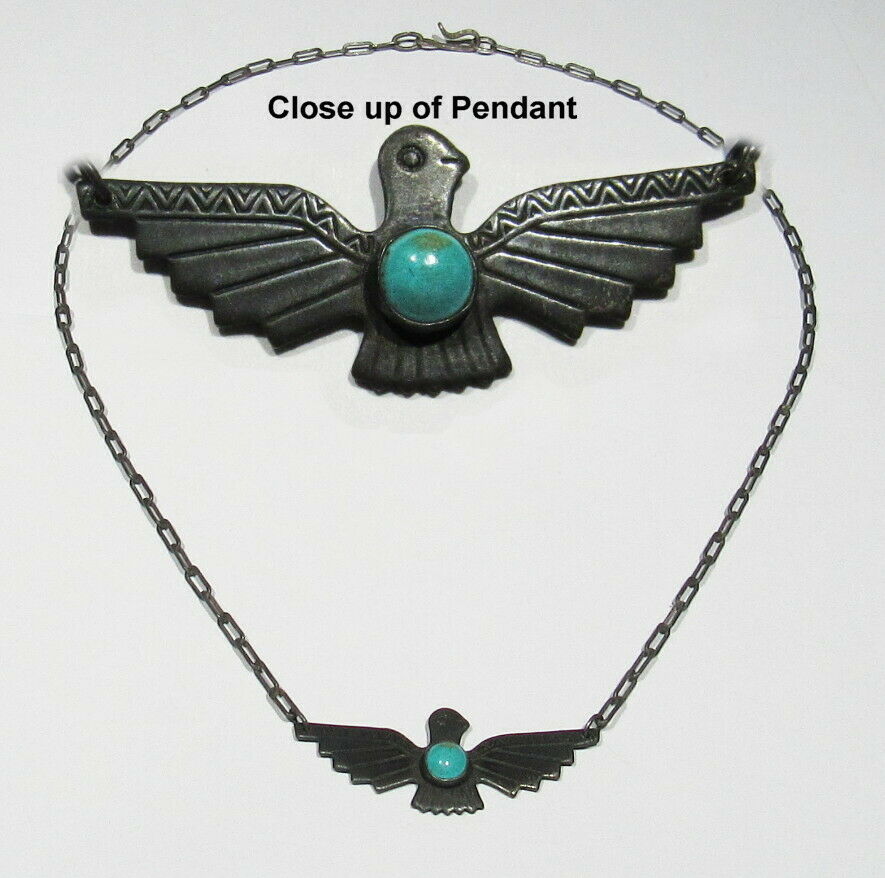 Old Pawn 1920s 30s Zuni 925 Silver Turquoise Thunderbird Pendant Necklace 17.5"