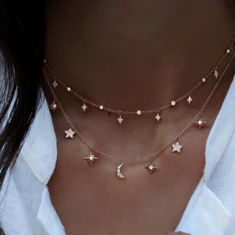 Fashion Multilayer Choker Necklace Star Moon Chain Gold Women Summer Jewelry Hs