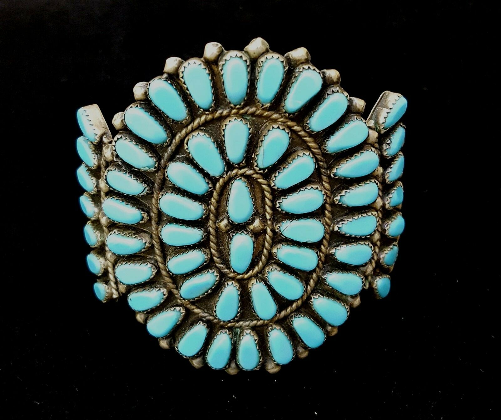 Old Very Wide Silver Petit Point Turquoise Native American Indian Bracelet Cuff