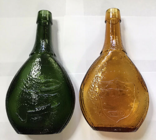 Vintage Wheaton? Green And Amber Glass “union” And Bird Design Bottles