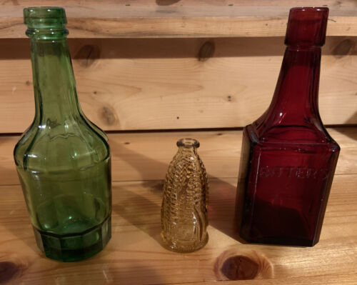 Lot Of 3 Vintage Wheaton Glass Bottles Green 6” Red Bitters 6” Gold 2”