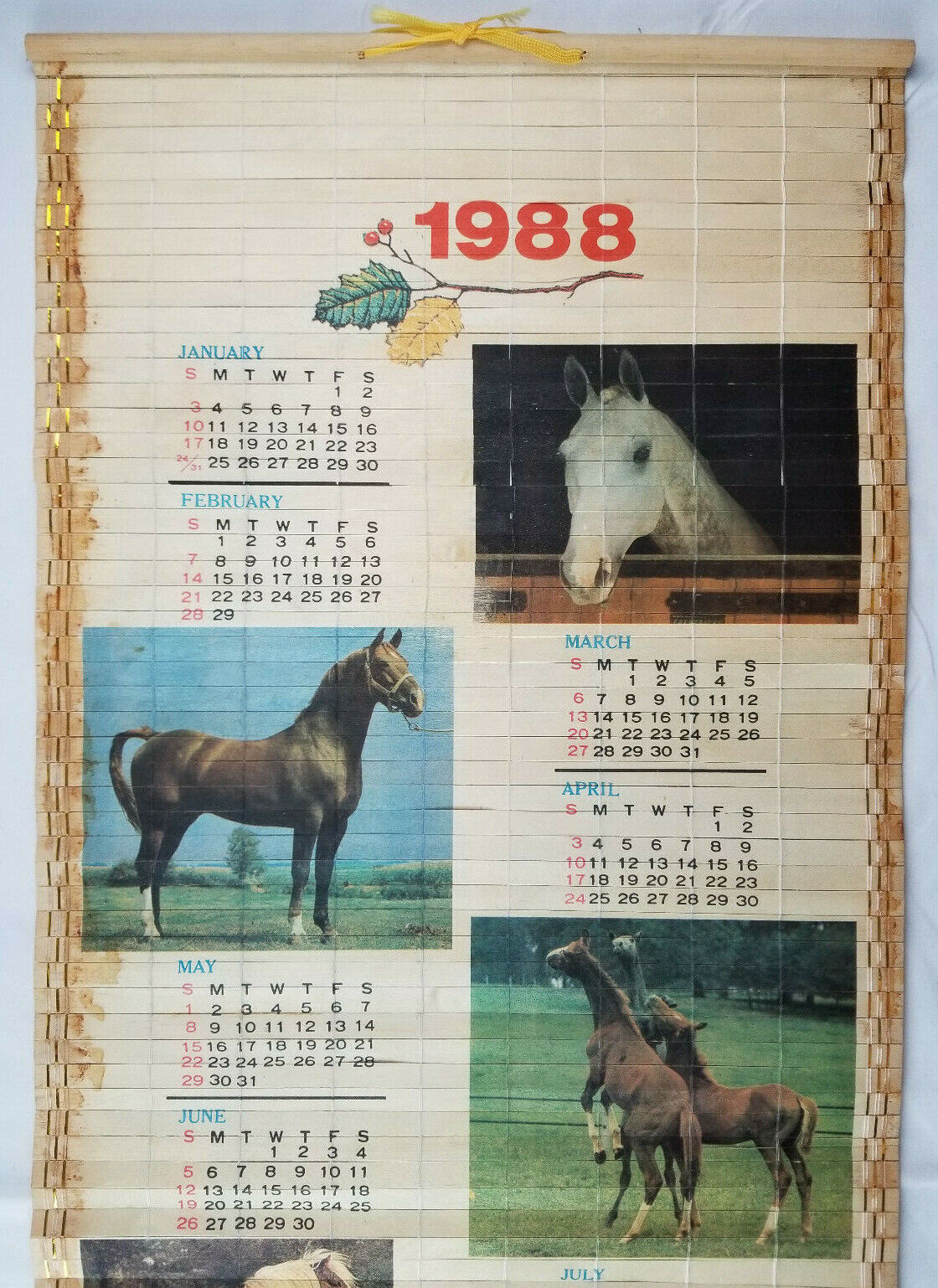 Vtg 1988 Bambo Wood Roll Up Calendar - Horses