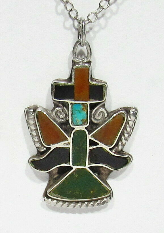 Old 1930s Zuni 925 Silver Green Turquoise Coral Inlay Knifewing Kachina Pendant