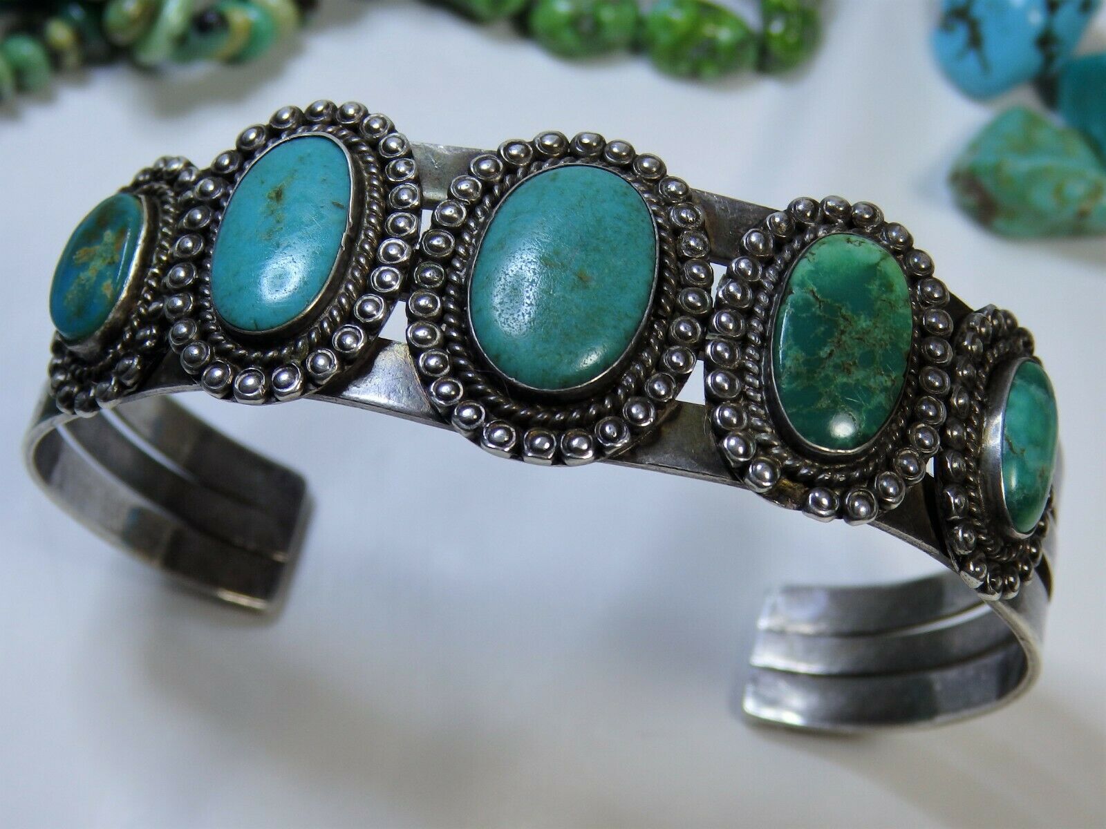 100year Old Zuni Natural Cerrillos Turquoise Coin Silver Cuff Manymoons Totem🌚