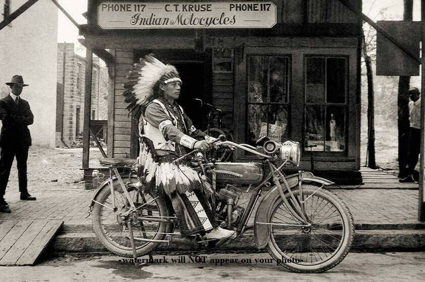 4x6 1920s Indian Motorcycle Dealership Photo Shop, Native American Indian Chief