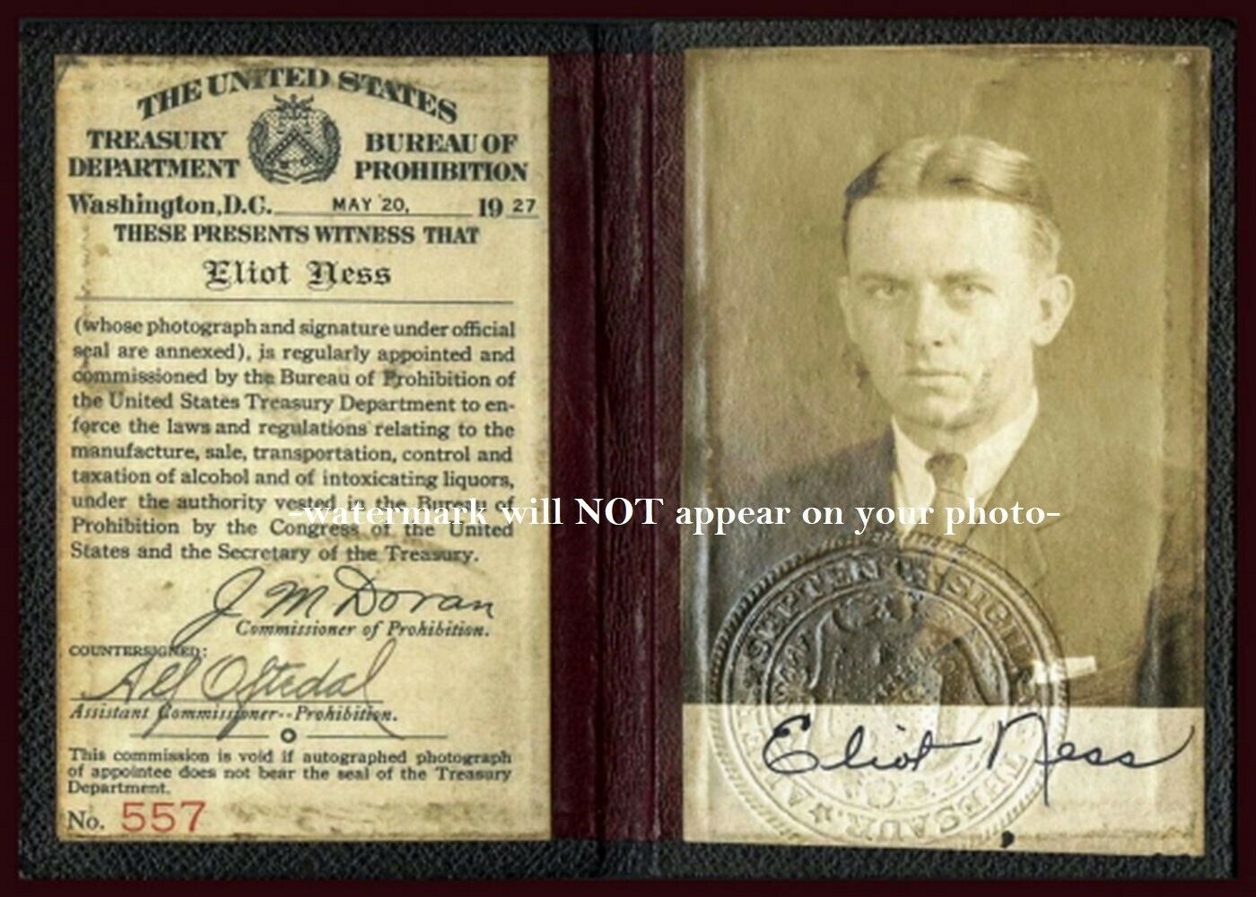 Eliot Ness Prohibition Govt Credentials Photo Liquor Agent Id, Al Capone Enemy