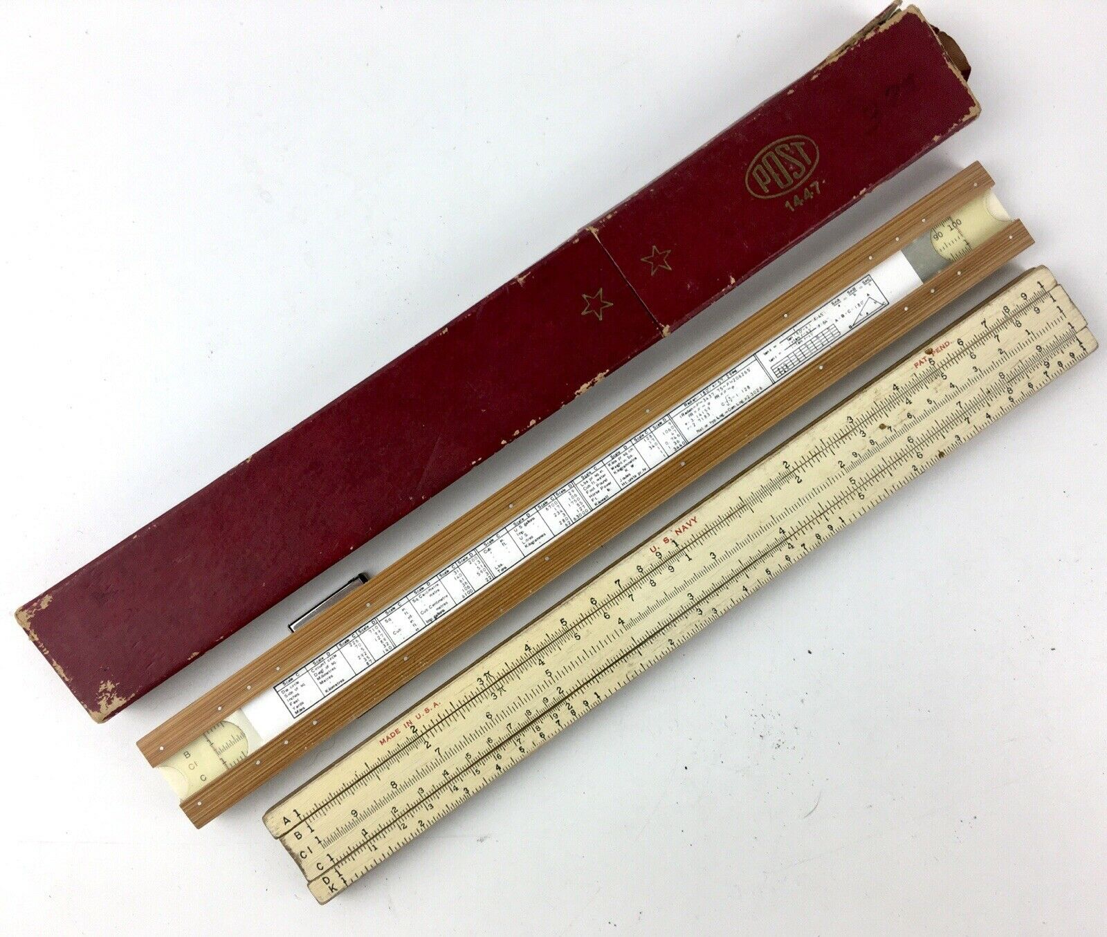 Vintage Frederick Post 1447 Slide Rulers And Navy Scale With Box