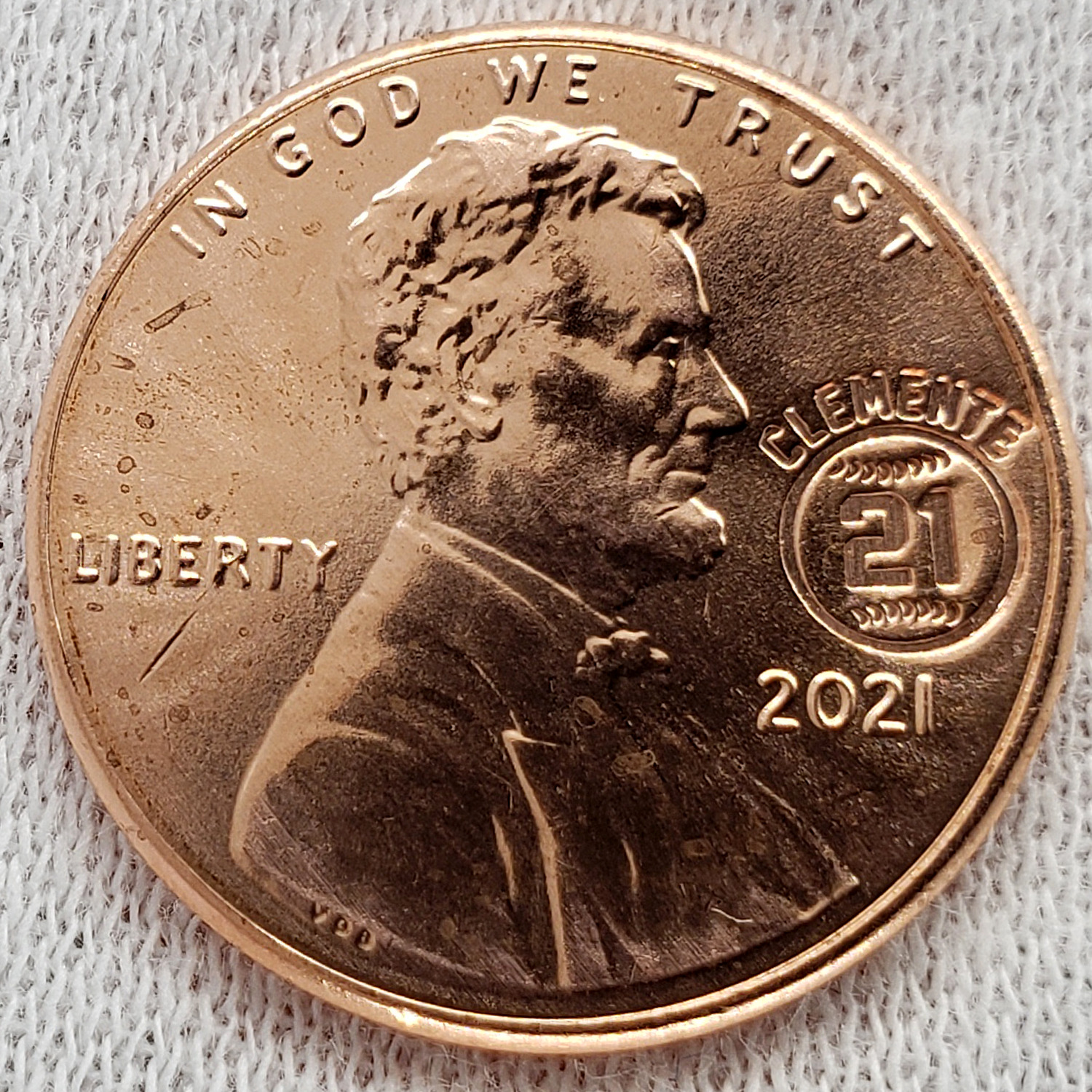 2021 Roberto Clemente Coin Baseball #21 Counterstamp Lincoln Penny Puerto Rico