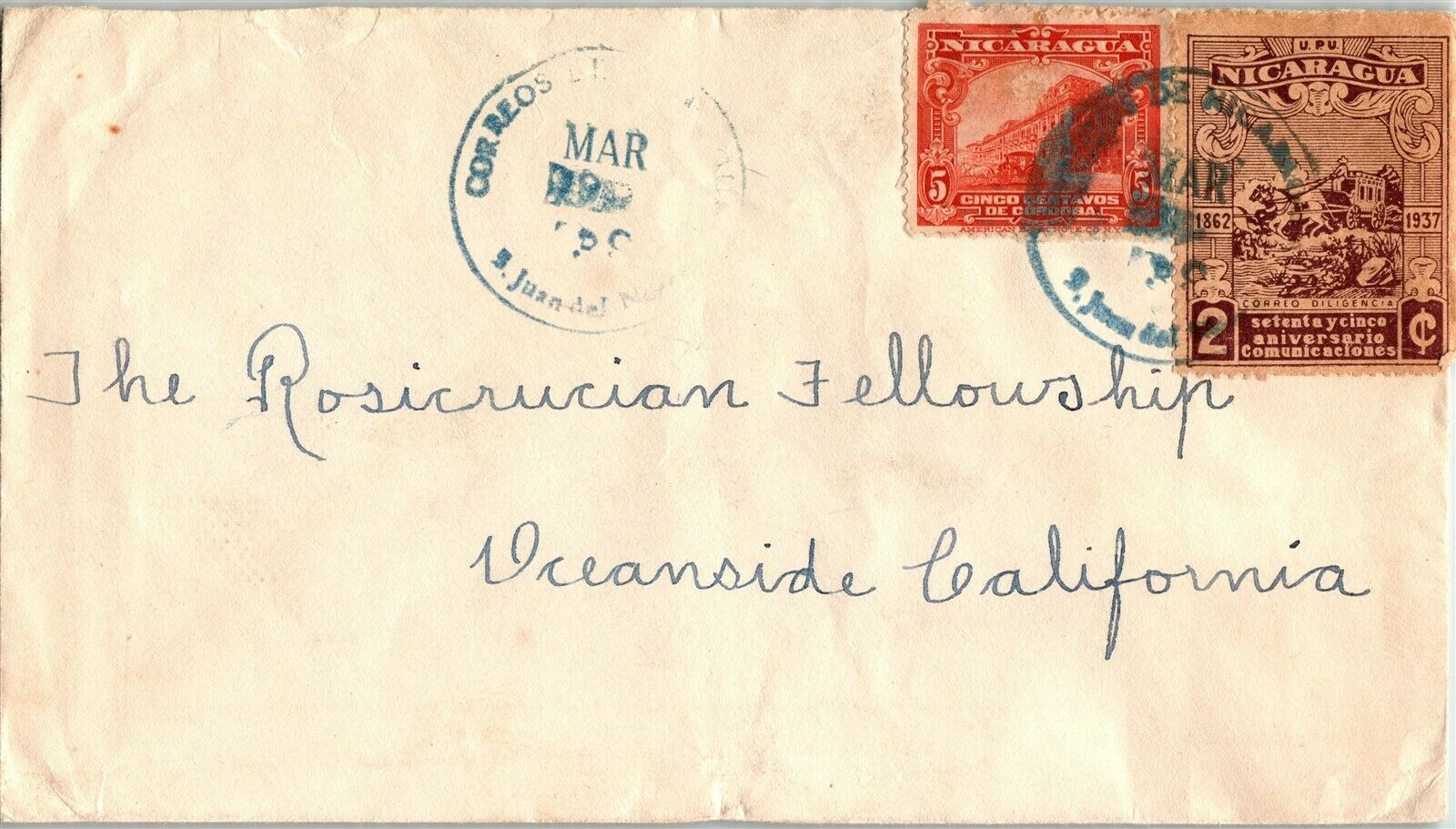Nicaragua 75th Ann Postal Service Cover: Lot #39 1939 San Juan Del Norte $$$