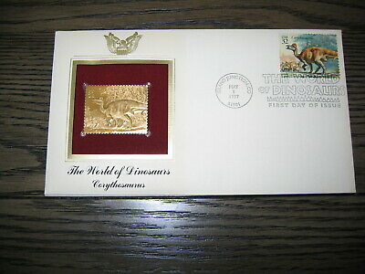 The World Of Dinosaurs Corythosaurus Gold Golden Cover Stamp Replica 1997