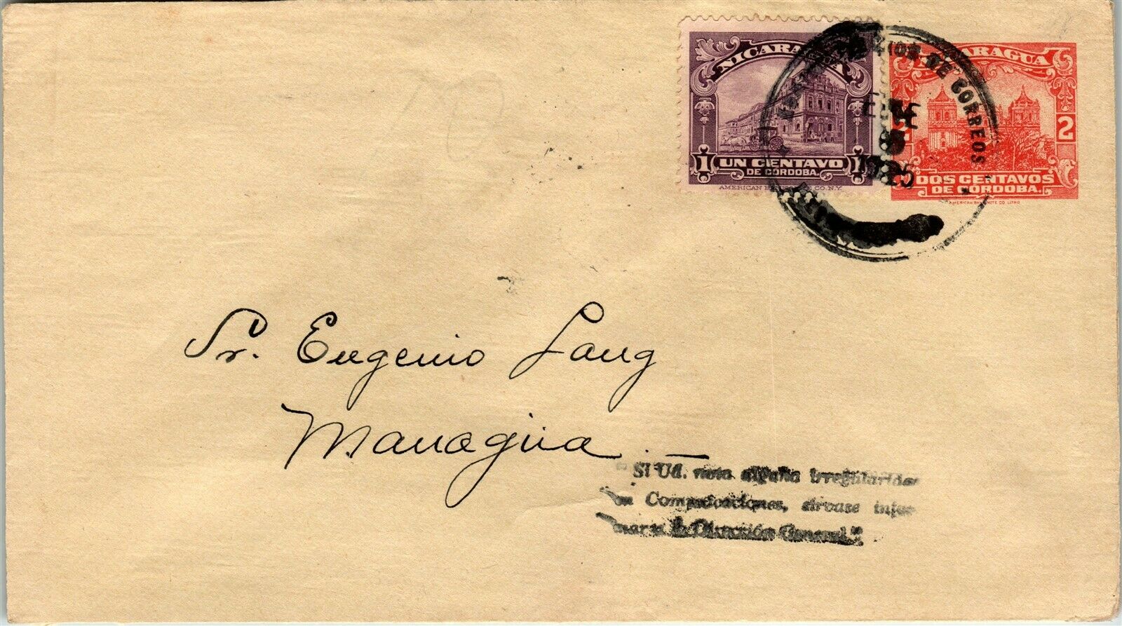 Nicaragua H&g B82 Postal History: Lot #22 1925 2c+1c Leon - Managua + Hs $$$