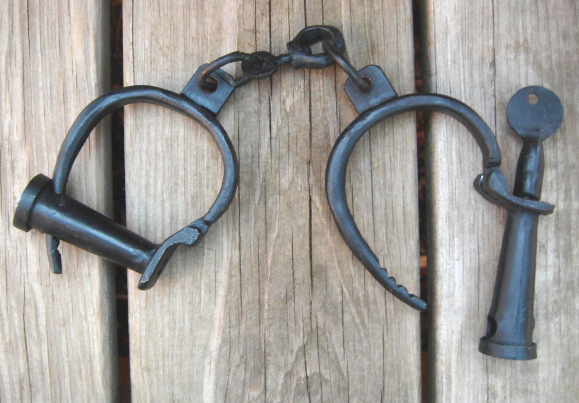 Antique Rep. Cast Iron Working Pirate Ship Police Handcuffs Brig Shackles W Keys