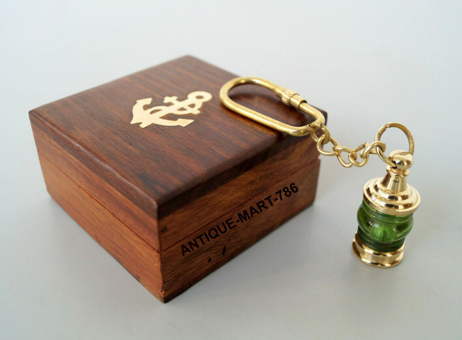 Beautiful Nautical Brass Lamp Keychain Antique Maritime Lantern Key Ring W/ Box