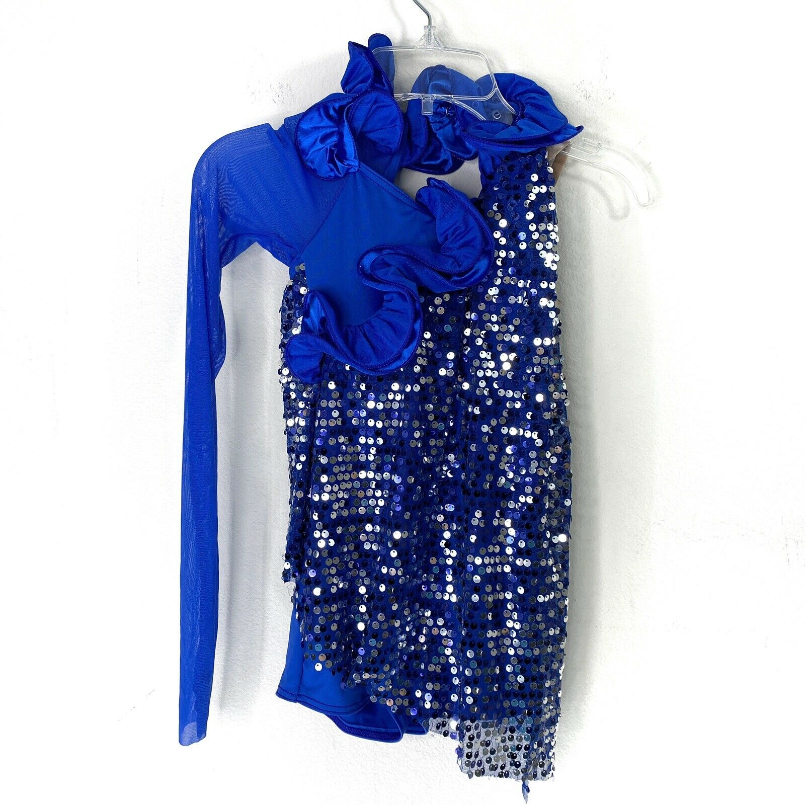 Weissman Girls Blue Sequin Dance Costume Biketard Sz Mc Medium Child One Sleeve